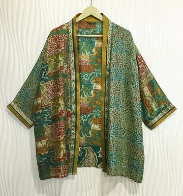 Jaqueta cardigã curta de seda pura quimono espanador capa roupão solto bege KMS3775 - Imagem 1 de 4