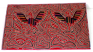 2 Bird San Blas MOLA Guna Indigenous Artists Panama 1970s Hanging Red Black Tan - Picture 1 of 24