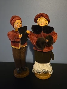 Vintage Christmas Carolers 9" Figurines Set of 2 with Wood Base Corduroy Clothe - Picture 1 of 11