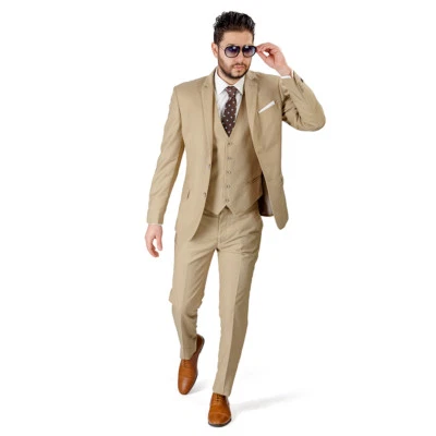 Beige Tan Slim Fit Suit Tuxedo 2 Button Notch lapel Vest Optional Fitted By AZAR - Image 1 of 4