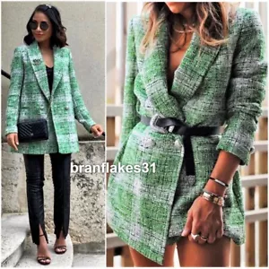 ZARA GREEN CHECK DOUBLBREASTED FROCK COAT JACKET BLAZER SIZE XS - Picture 1 of 12