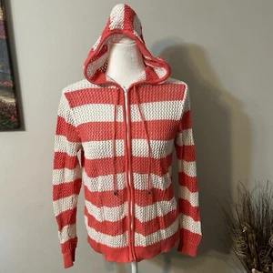 Quacker Factory Women Hooded Zip Swimsuit Beach Cover Up Striped Pink White Sz M - Picture 1 of 5