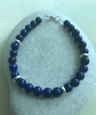 Окрашенный лазурит 6 мм бисер - мужской браслет - серебро 925 пробы - бесплатный P и P - Изображение 1 из 4