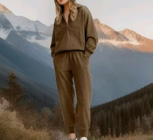 CHERFLY Women's 2 Piece 2024 Winter Soft Outfit Tracksuit Ribbed Coffee L - Picture 1 of 7