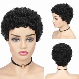 Fashion Women Lady Pixie Cut Short Curly Wig Bangs Black Synthetic Natural Hair - Picture 1 of 2