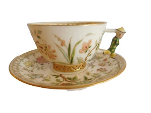 ANTIQUE HUNGARIAN HEREND ZSOLNAY STYLE ENAMELED CUP AND SAUCER ON PIERCED FEET - Picture 1 of 24