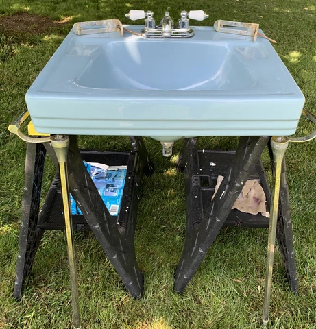 Vtg STANDARD Blue Porcelain Bath Wall Sink~Chrome legs~Towel bars~READ Descript Cover