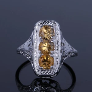Antique Jewellery Three Stones Genuine Citrine Sterling Silver 925 Wedding Ring - Picture 1 of 5