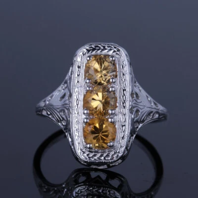 Bonito anillo de compromiso de boda de citrino vintage redondo de tres piedras plateado de 4-4,5 mm Foto 1 de 4