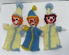 Vintage 3 Clown Crochet Fait Main Coloré Marionnettes Main Artisanat Adorable 12”
