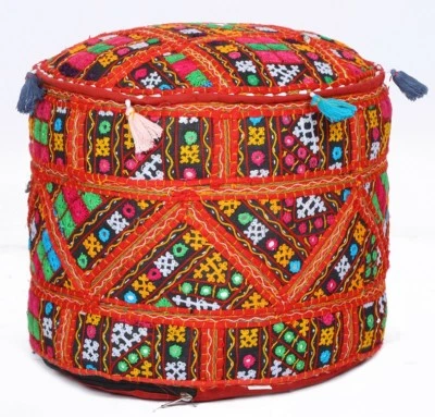 17" x 12" Red Handmade Mirror Embroidered Ottoman Pouf Stool Seat Moroccan Decor - Image 1 of 4