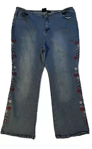 Route 66 Jeans Womens 22W PLUS Blue Denim Flare Flowers High Rise Boho 42x30 - Picture 1 of 8