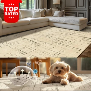 Washable Antibacterial Large Living Room Rug Thin Soft Light Beige 244X305Cm - Picture 1 of 12