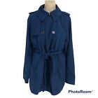 Lands End Women Medium 10-12 Jacket Pea Coat Blue Navy Button Up Raincoat Belted
