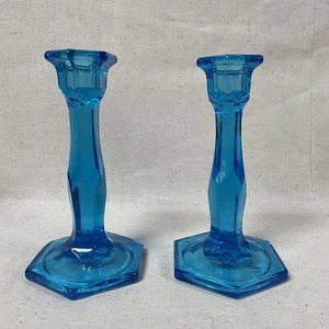 Pair (2) Antique 1920s Cooperative Flint Glass Blue Star Candle Sticks 7” - Picture 1 of 8
