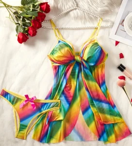 🌈 Nachthemd Regenbogen gestreift verstellbar mit passendem Höschen frech sexy (L) - Bild 1 von 4