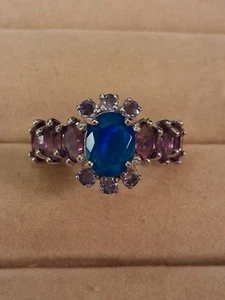 Blue Opal 9x7mm, Amethyst & Tanzanite,  14KWG Plate Sterling Silver 925, size 8 - Picture 1 of 11