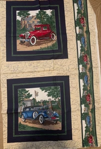 Vintage Cars Panel 13.5" x 13.5" Cotton Fabric with border - Picture 1 of 5