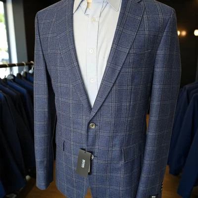 New Hugo Boss Blazer 42L Blue Checked Mop Buttons Norris1 27 Inch Arm Length - Image 1 of 4