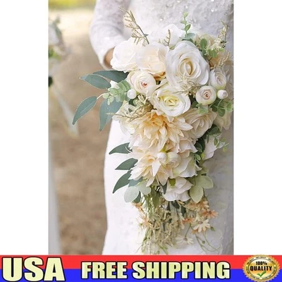 Ramo de novia de seda rosa de eucalipto flor de dalia rústico decoración de utilería de boda nuevo Foto 1 de 4