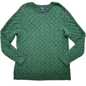 LANDS END Drifter Crew Sweater Size XL Green Cable Knit Cotton Pullover Preppy - Picture 1 of 10