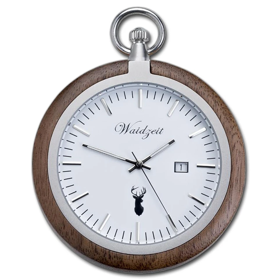 Waidzeit Herren Taschenuhr Edelstahl Walnuß dunkelbraun mit Uhrenkette UWATW01 - Bild 1 von 4