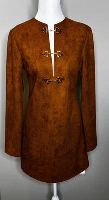 Mini Vestido Commense Para Mujer Marrón Gamuza Manga Larga Detalle Dorado Talla Pequeña Nuevo con Etiquetas Foto 1 de 4