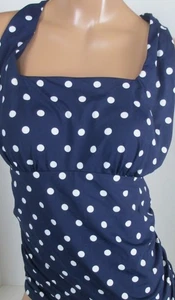 LANDS END Navy Polka Dot Square Neck Halter Tankini Top Swimsuit Womens 16 NEW - Picture 1 of 15