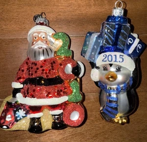 2- CHRISTOPHER RADKO CELEBRATIONS LARGE 5” ORNAMENTS Santa 2010 Penguin 2015 - Picture 1 of 6