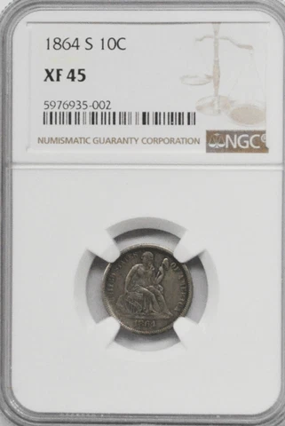 1864 S 10c Seated Liberty Silver Dime Ten Cents NGC XF45 San Francisco Cover