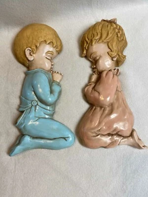 Vintage Praying Boy and Girl Wall Hangings - Nursery Decor - Image 1 of 4