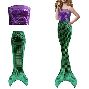 Women Mermaid Costume Tube Top Fish Tail Skirt Starfish Headgear Waist Chain Set - Picture 1 of 27