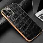 For iPhone 12 13 Mini Pro Max Case Bling Frame Cow Leather Crocodile Phone Cover