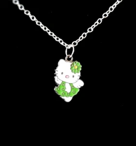 HELLO KITTY CHARM PENDANT 16.5" NECKLACE - GREEN DRESS & FLOWER. FREE GIFT BAG - Picture 1 of 3