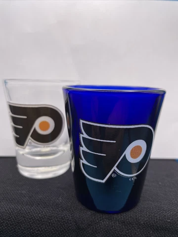 Philadelphia Flyers Shot Glass Set Of 3. One Blue And 2 Clear With Logo Cover