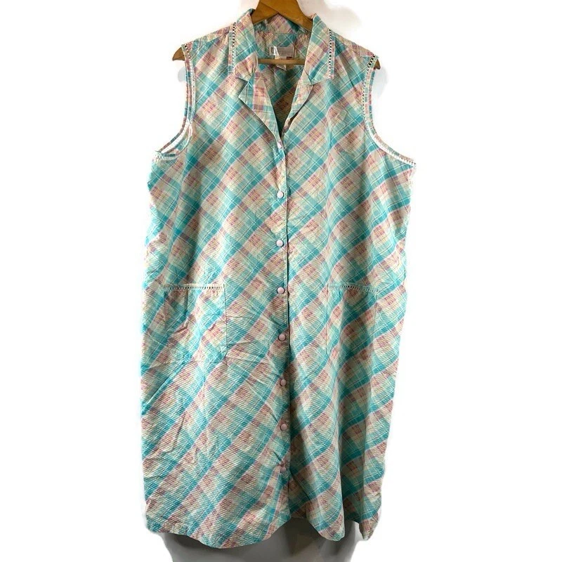 Classic Elements Womens Night Gown Size 2X Colorful Plaid Sleeveless w/ Pockets - Image 1 of 4