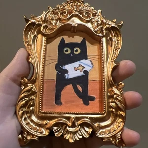 IMPRESIÓN Gato Negro, Humor, Lindo, Divertido, Pintura Miniatura Original, Pequeño, Mini, Enmarcado - Imagen 1 de 7