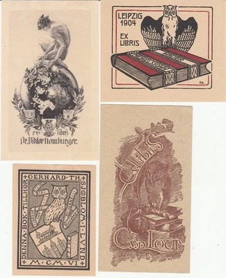 4 Exlibris Bookplate Konvolut Lot Eulen 6 Akt - Bild 1 von 2