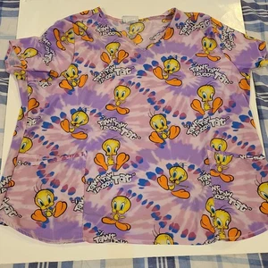 Looney Tunes Womens 3XL Scrub Top Tweety Bird Putty Tat Medical Top Tie Dye Look - Picture 1 of 11
