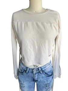 True Religion Long Sleeved Cotton & Mesh Crop Top Drawstrings - Picture 1 of 8