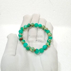 Natural Light Blue Copper Turquoise Stretchable Bracelet Round Beads For Her - Picture 1 of 6