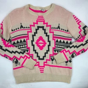 Forever 21 Womens Southwestern Aztec Knit Sweater Size Small Beige Pink Pullover - Picture 1 of 9