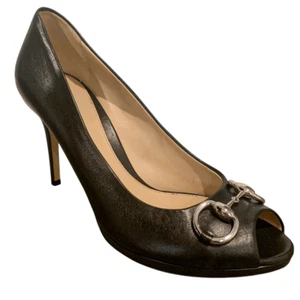 Gucci Black Nappa Leather Silver Horsebit Pumps EU 40 US 10 Peep Toe High Heels - Picture 1 of 10