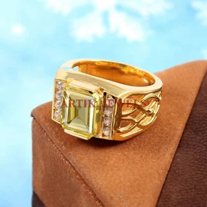 Piedra preciosa de cuarzo limón natural con anillo de plata enchapado en oro de 18k para hombre #5342 - Imagen 1 de 4