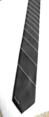 Oscar de la Renta Necktie Tie; Black & Thin White Stripes - 3" Wide, Signature - Image 1 of 3