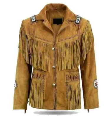 Jaqueta masculina frisada de couro camurça cowboy ocidental com franjas nativas americanas - Imagem 1 de 4