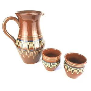 Troyan Bulgarian Pottery Feather Redware Terracotta Pitcher and 2 Cups Set - Picture 1 of 12