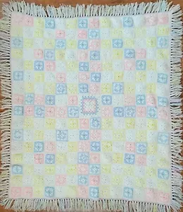 Vintage Handmade Crochet Baby Blanket With Satin Lining, Pastel Granny Square - Picture 1 of 9