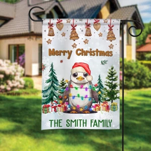 Personalized Merry Christmas Penguin Light Double-Sided Garden Flag, Xmas Flag - Picture 1 of 2