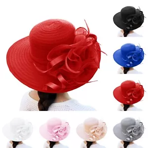 Women Elegant Organza Sun hat with Flower Church Hat Wedding Tea Party Wide Brim - Picture 1 of 45
